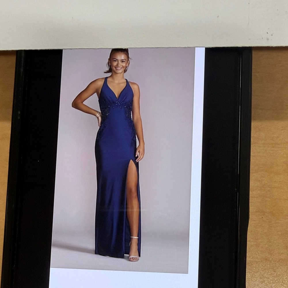 David's Bridal Navy Halter Prom Dress with High Slit